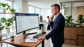 B2B executive comparing traditional search results with AI-generated answers showing citation sources