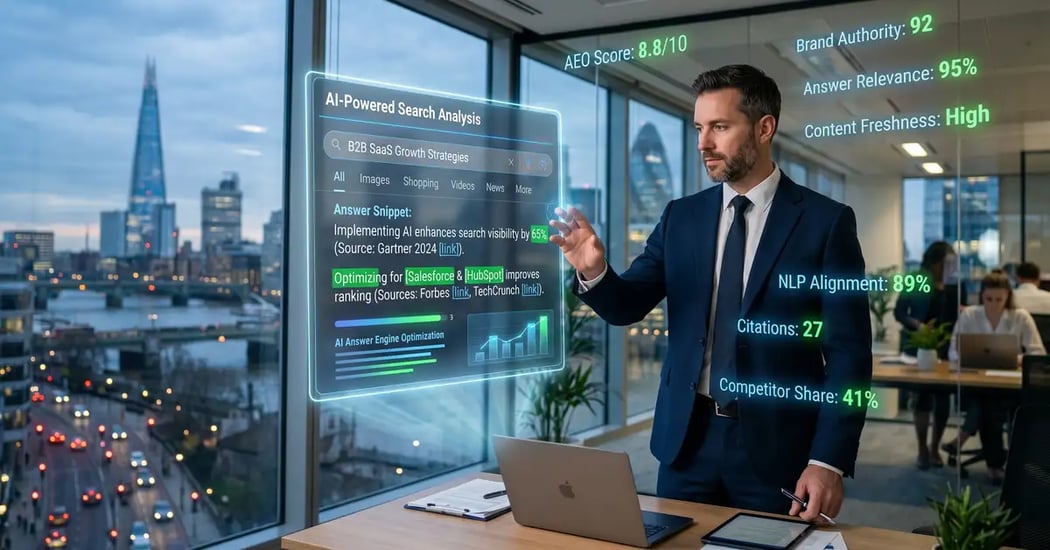 Answer engine optimization strategy framework showing AI search platforms citing B2B content sources for business visibility