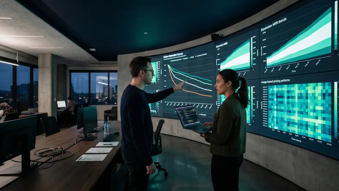 SaaS executives reviewing an ARPU dashboard showing revenue per user trends across customer cohorts and pricing tiers
