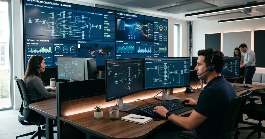Modern B2B operations control room with workflow orchestration dashboards displaying connected automation nodes and data flows