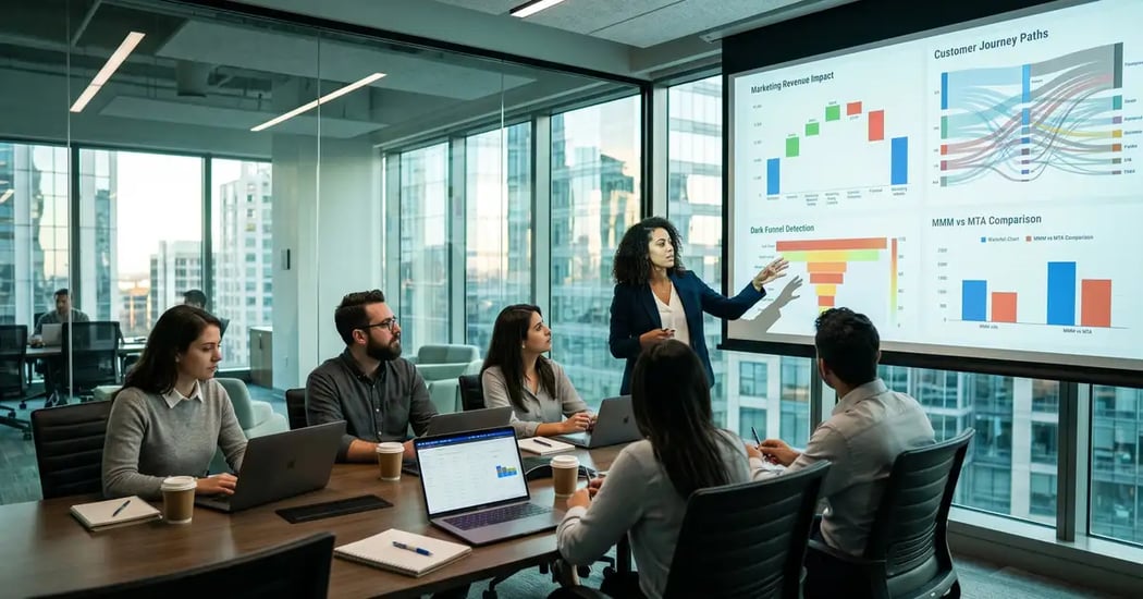 B2B SaaS revenue operations team reviewing a multi-touch marketing attribution dashboard with channel contribution waterfalls and customer journey path visualisations