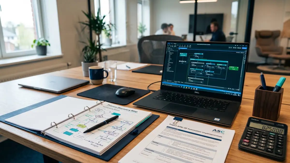 An automation consultant's desk with a process discovery map, statement of work, and a workflow automation diagram on a laptop