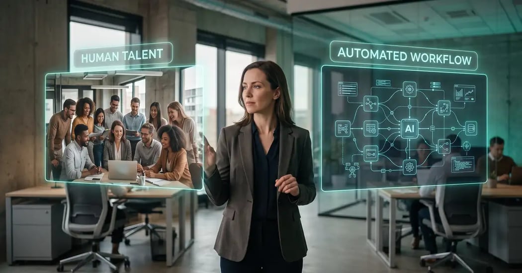 B2B founder at a fork weighing two paths, a team of new hires versus a network of automated AI workflows, representing the automate vs hire decision