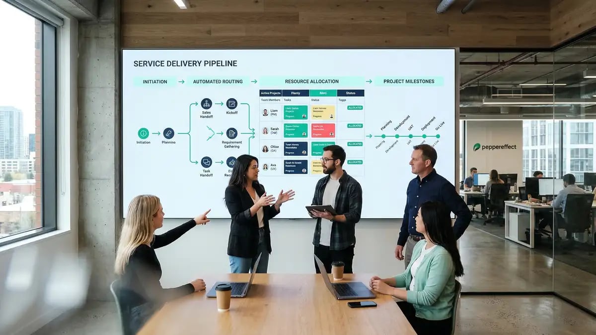 Automated fulfillment pipeline showing connected workflow stages from order intake through delivery