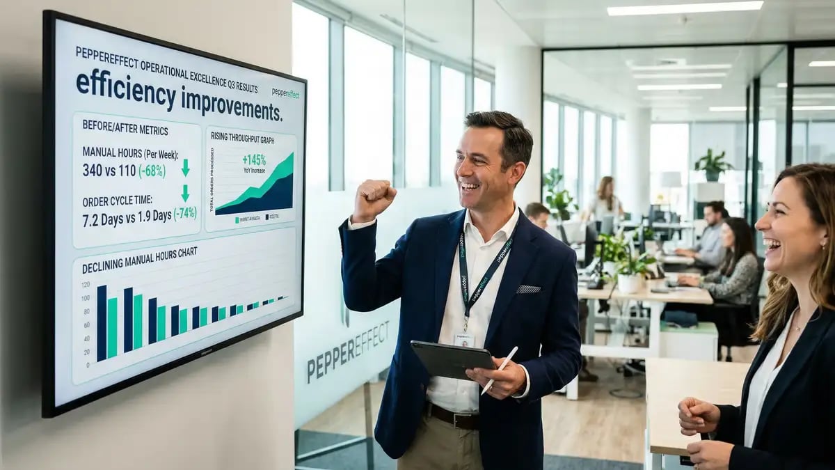 Business team reviewing automated fulfillment results and performance metrics on screen