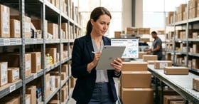 Business owner reviewing automated order tracking on tablet in warehouse