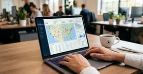 Hands working on laptop showing logistics dashboard with delivery metrics