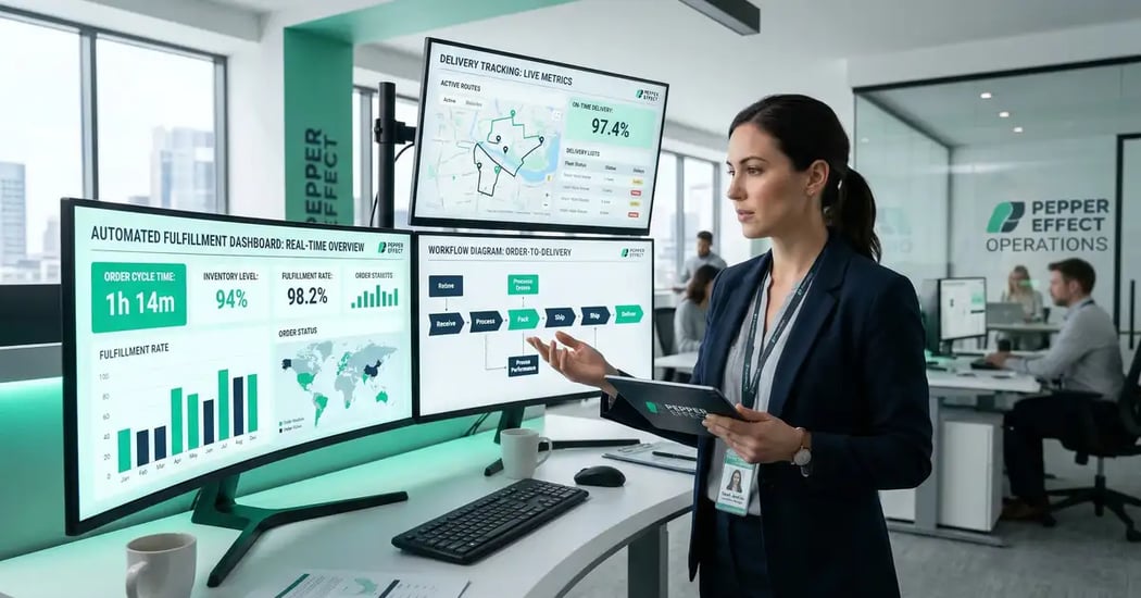 Automated fulfillment systems for B2B service delivery showing modern warehouse automation technology