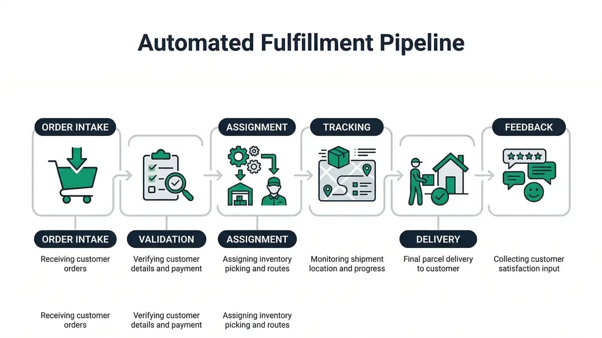 Infographic showing the six stages of an automated fulfillment pipeline from order intake to feedback