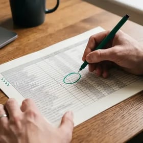 Hands working through a printed report, circling in green pen the one cell in the grid that has been left empty