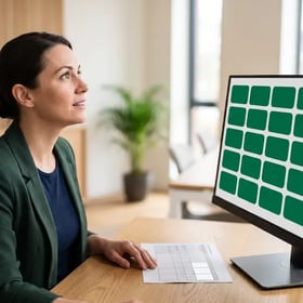 An analyst at her desk looking at a monitor of uniformly green status tiles while an unread data sheet with empty cells lies in front of her
