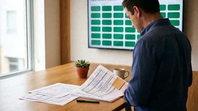 A manager at an office desk reviewing marked-up printed reports while a wall monitor behind him shows a grid of uniformly green status tiles