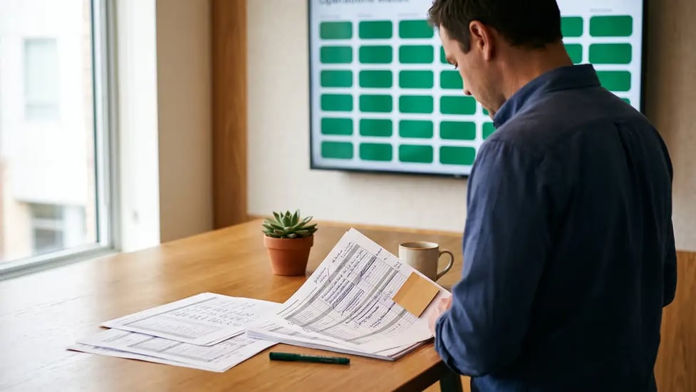 A manager at an office desk reviewing marked-up printed reports while a wall monitor behind him shows a grid of uniformly green status tiles