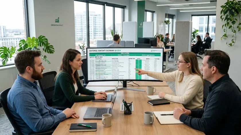 Content calendar planning workspace with editorial calendar, topic clusters, and publication dates