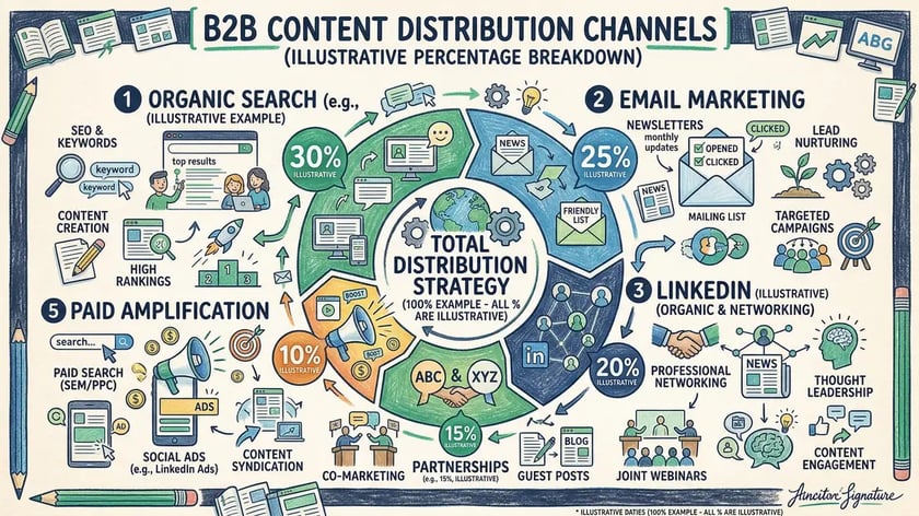 B2B content distribution channels infographic with organic search, email, LinkedIn, and paid amplification