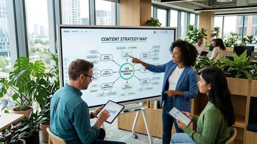 B2B content team collaborating around a digital whiteboard showing a pillar-cluster content strategy map with interconnected topic nodes