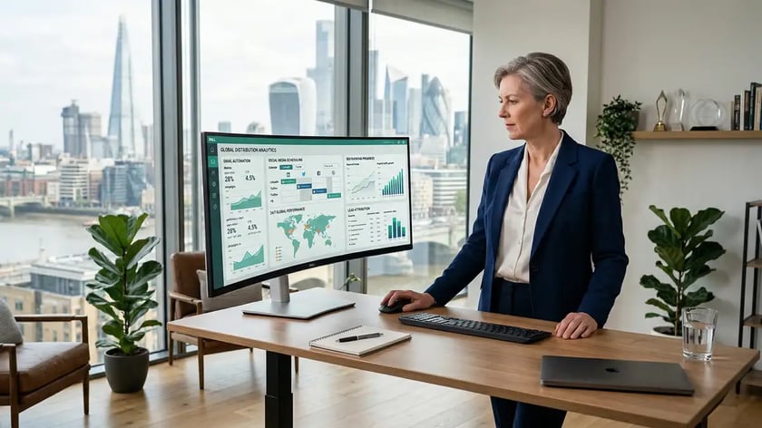 Senior executive reviewing automated content distribution analytics showing multi-channel performance metrics and lead generation attribution