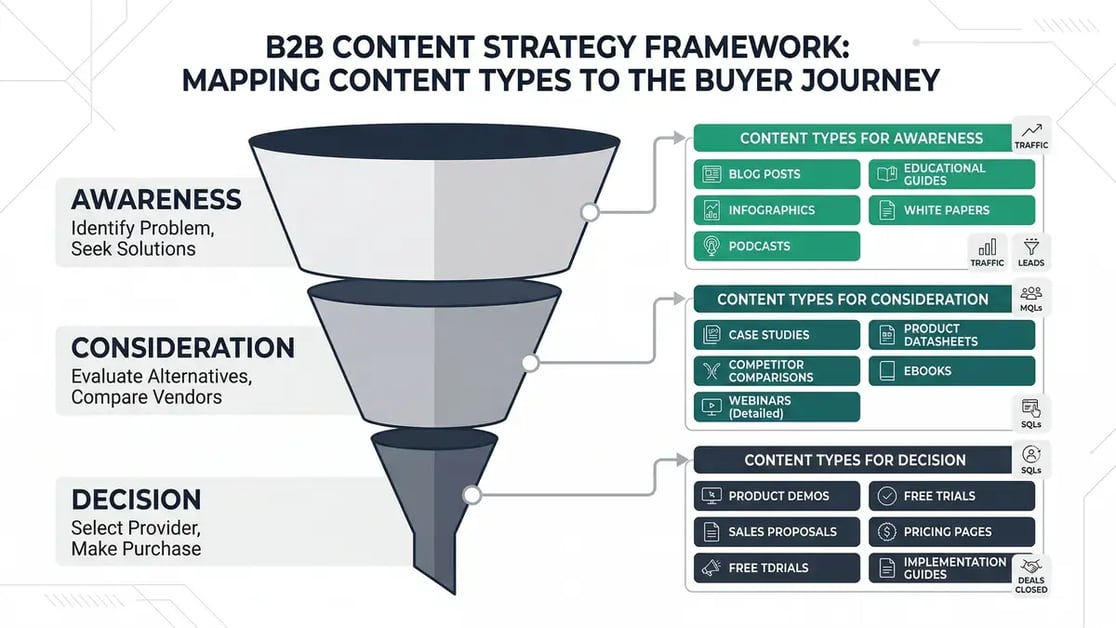 B2B content strategy framework mapping content types to buyer journey stages