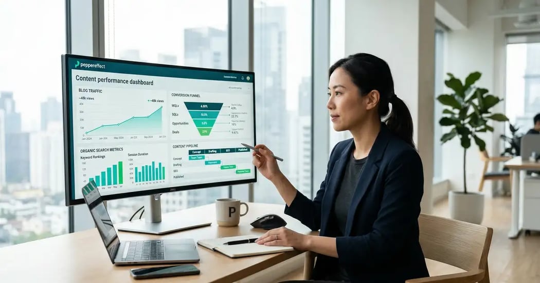 B2B marketing strategist reviewing content performance dashboard with traffic analytics, conversion funnels, and organic search metrics in a modern office