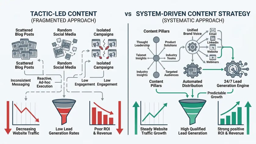 Infographic comparing tactic-led content versus system-driven content strategy for B2B companies with metrics and visual hierarchy