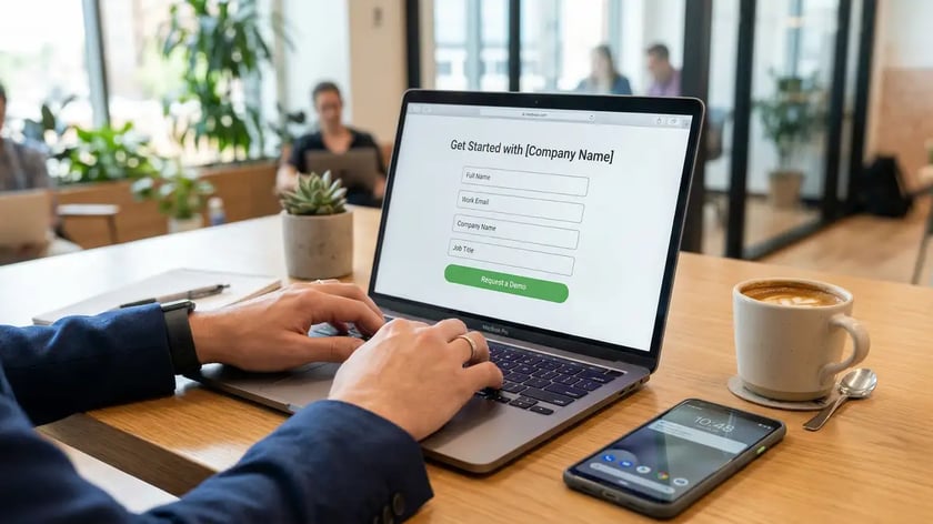 Business professional optimizing a B2B lead capture form with minimal fields on laptop screen in modern office