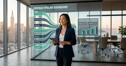 B2B founder reviewing seven interconnected lead generation systems on a holographic dashboard