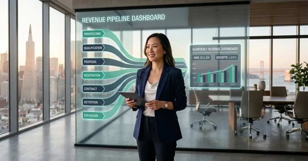 B2B founder reviewing seven interconnected lead generation systems on a holographic dashboard