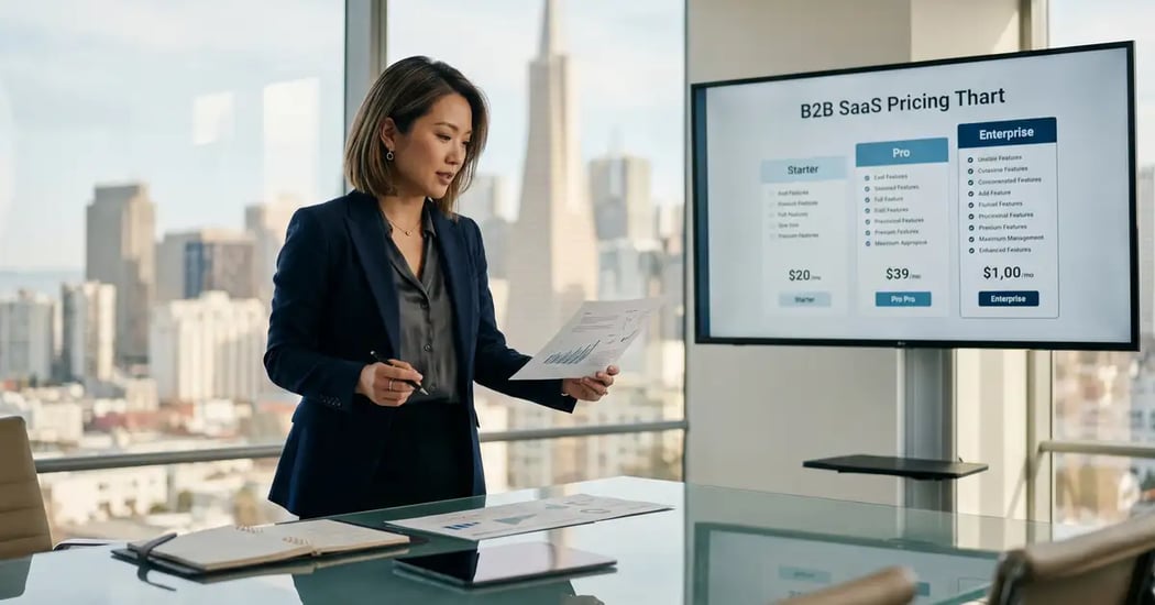 B2B SaaS executive analyzing pricing strategy dashboard with profit margin charts and tiered pricing framework visualization