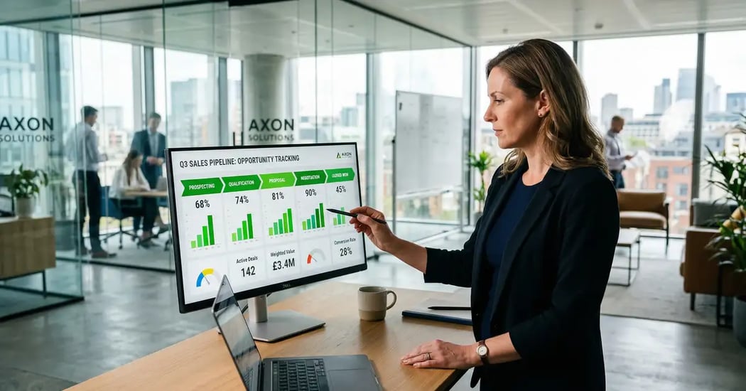B2B executive reviewing an automated sales pipeline dashboard with deal progression stages and green performance indicators in a modern office
