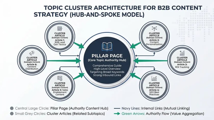 Topic cluster architecture for B2B content strategy with pillar pages and cluster articles