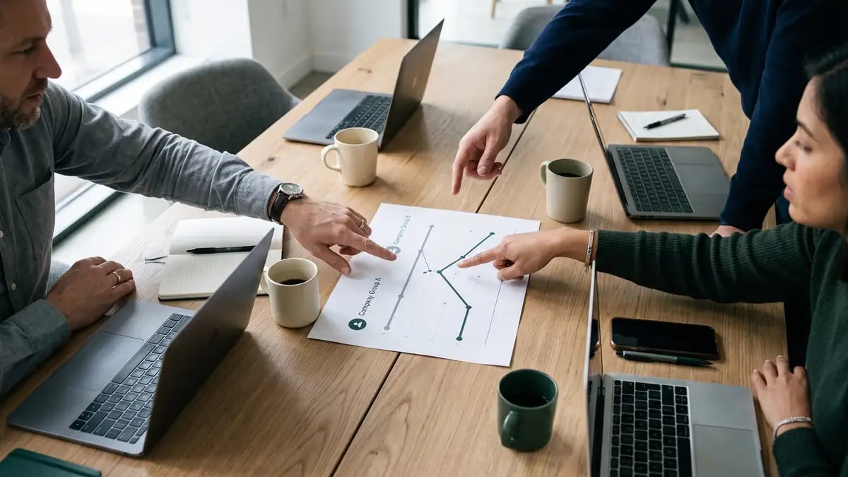 B2B marketing team comparing two printed traffic charts, one flat and one falling, to understand their organic search traffic gap against competitors