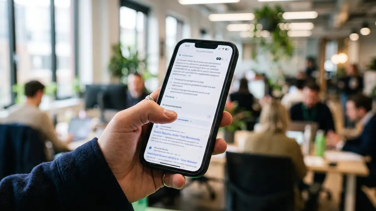 Buyer holding a smartphone where a large AI Overview answer pushes organic B2B search results below the fold