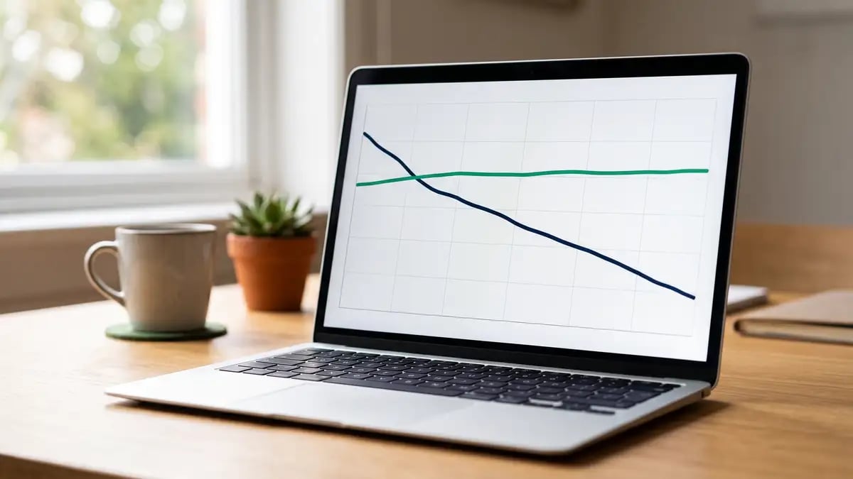Laptop showing a stable green field line and a declining navy line, illustrating collapsed B2B domains measured against their ranking peers