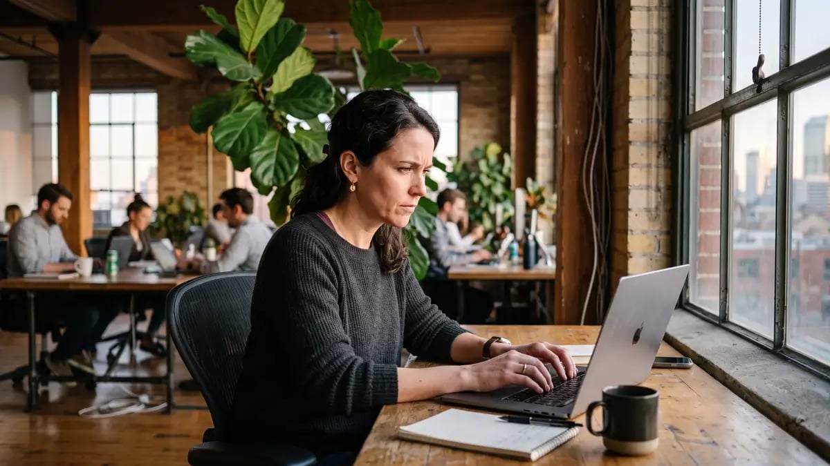 Software company founder reviewing falling organic search traffic on a laptop, trying to separate AI Overview impact from Google core updates