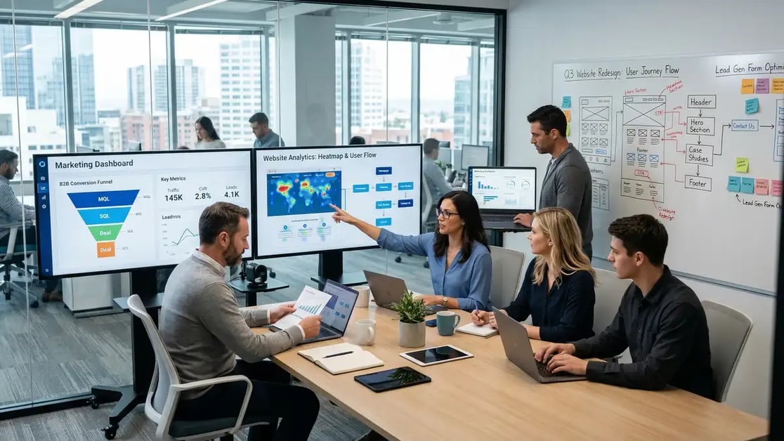 B2B marketing team analyzing website conversion data and user journey analytics on multiple screens