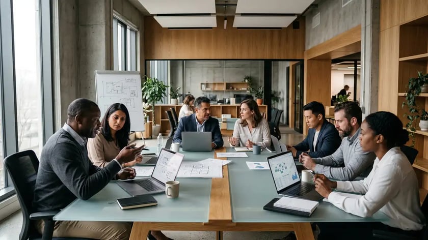 Senior B2B consultants evaluating AI workflow architecture in a modern boardroom