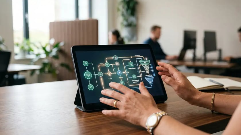 A founder's hands hovering over a tablet displaying an AI workflow architecture diagram