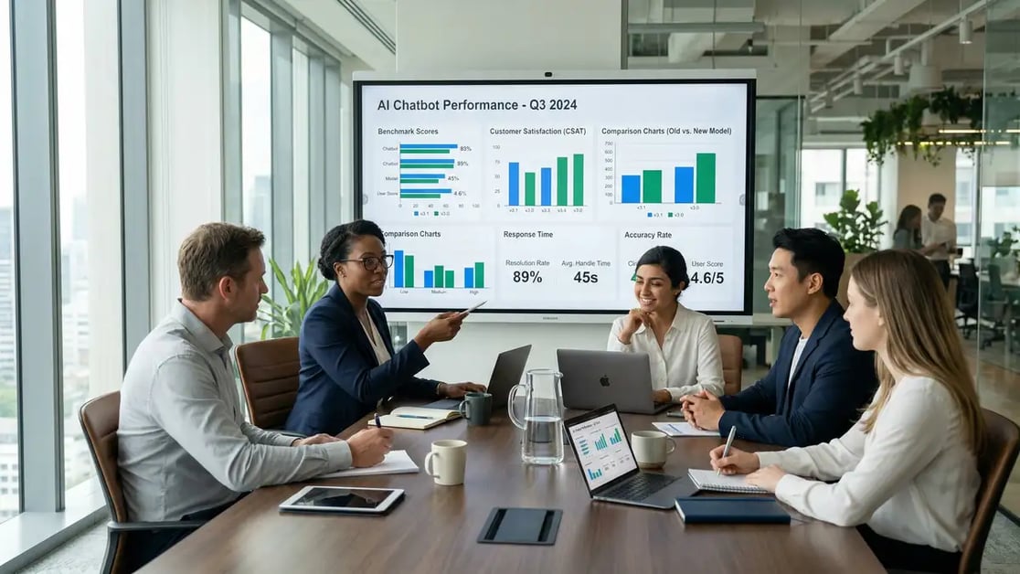Business team analyzing AI chatbot benchmark comparison data on conference room display showing performance scores for ChatGPT Claude Gemini and Perplexity