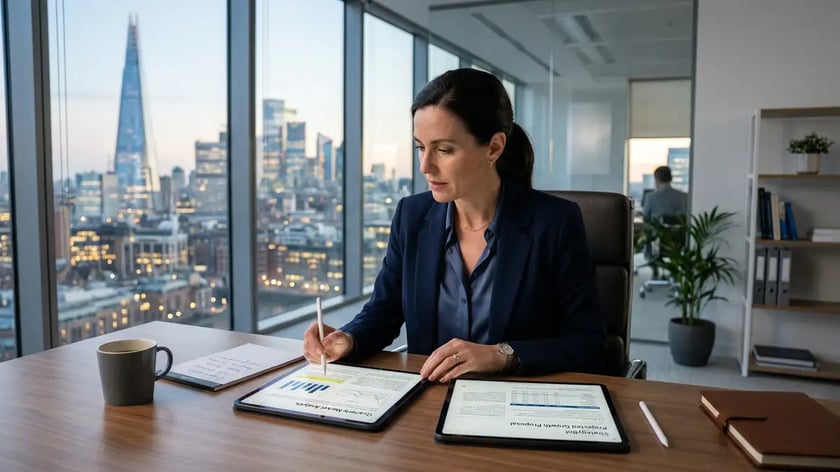 Executive comparing AI platform pricing and business reports on tablet in modern office with city skyline