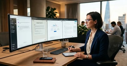 Executive evaluating ChatGPT Claude Gemini and Perplexity AI assistant interfaces on multiple monitors in modern office for business AI comparison