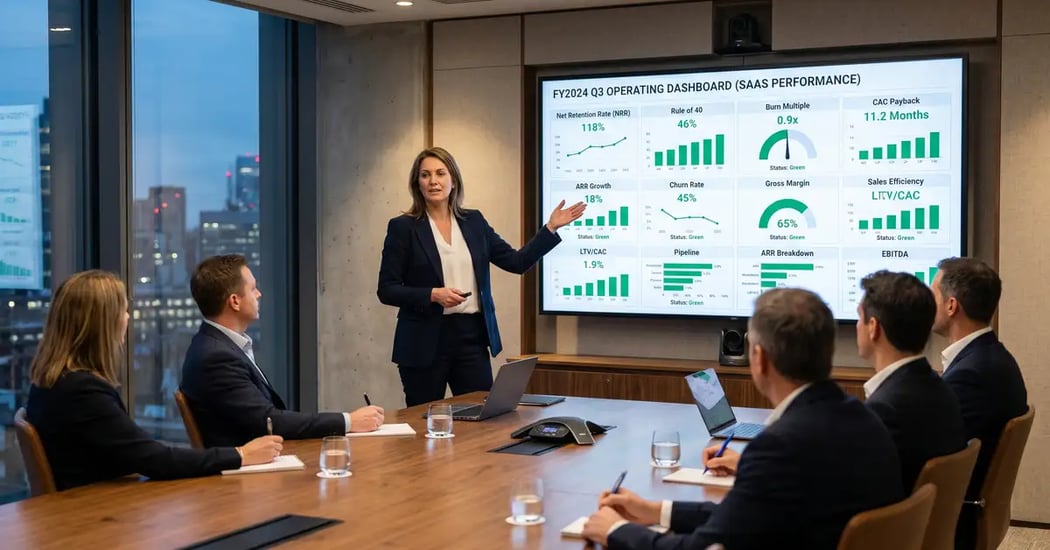 SaaS CEO presenting board deck showing 12-metric operating dashboard to board members in modern conference room
