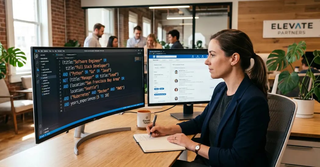 Professional recruiter reviewing complex Boolean search queries with AND OR NOT operators on monitor with LinkedIn Recruiter results displayed