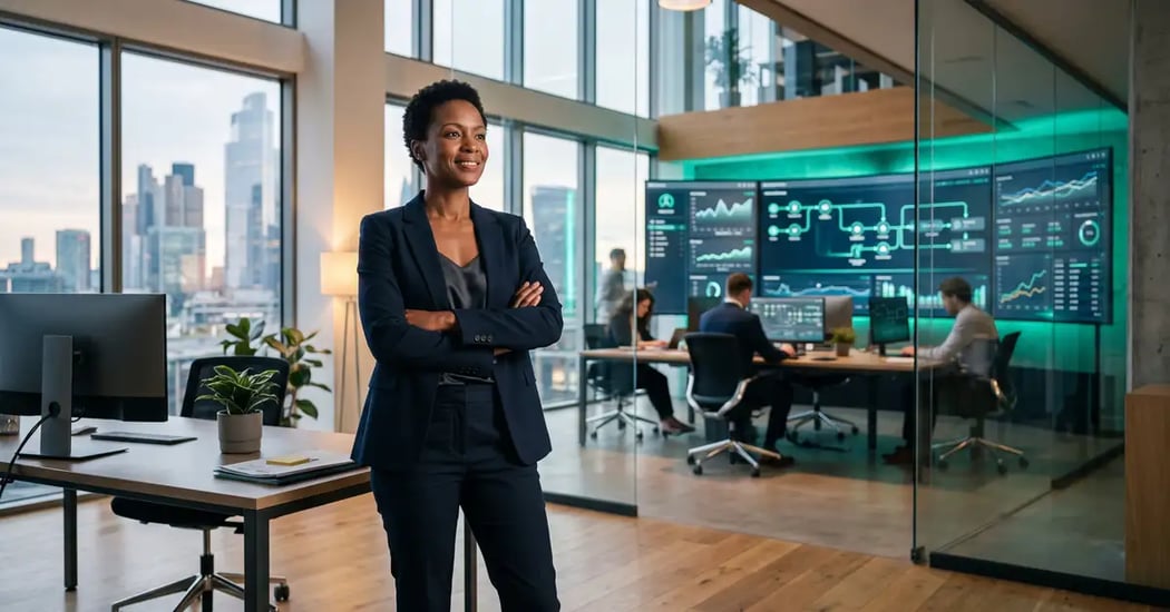 Confident consultancy founder standing calmly while automated workflows run on screens behind them, representing business process automation consulting