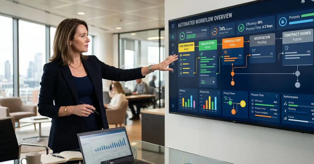 B2B executive reviewing an automated business process dashboard, evaluating business process automation services for end-to-end operational efficiency