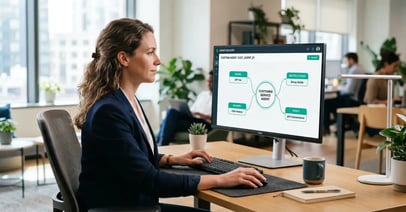 A non-technical professional building an AI agent on a monitor showing a central agent block connected to a model, instructions, memory, and tools