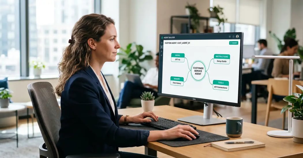 A non-technical professional building an AI agent on a monitor showing a central agent block connected to a model, instructions, memory, and tools