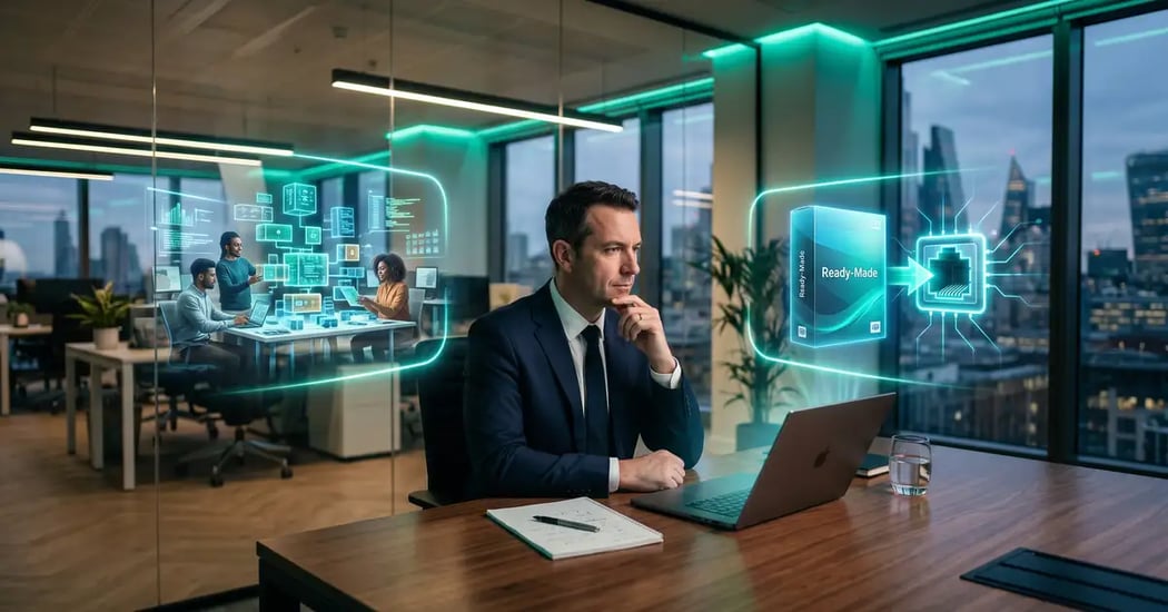 B2B executive weighing a build versus buy software decision, a custom-built system on one path and a ready-made off-the-shelf solution on the other