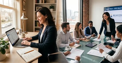 Executive search consultant transitions from solo home office to modern boutique firm boardroom composite illustration
