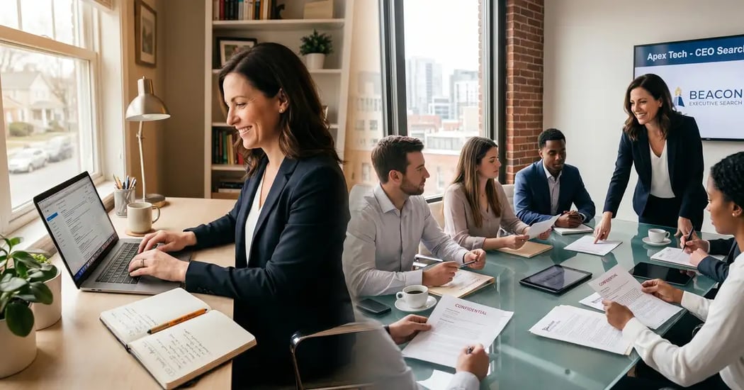 Executive search consultant transitions from solo home office to modern boutique firm boardroom composite illustration