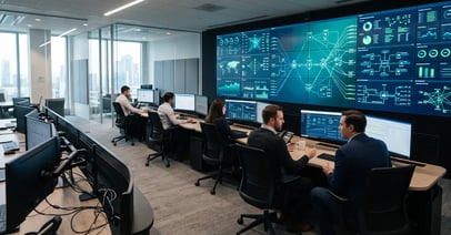 B2B operations command center with wall displays showing interconnected workflow diagrams, representing business systems architecture that scales